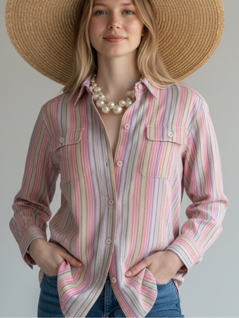 NWOT- Vintage  Liz Claiborne Pink and Gray Striped Button-Down Shirt